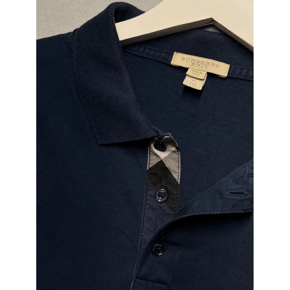 Burberry Brit Rugby Polo Shirt XL Navy Blue Check Placket Luxury Cotton 22x27.5